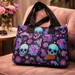 Black and Purple Skull Floral Tote